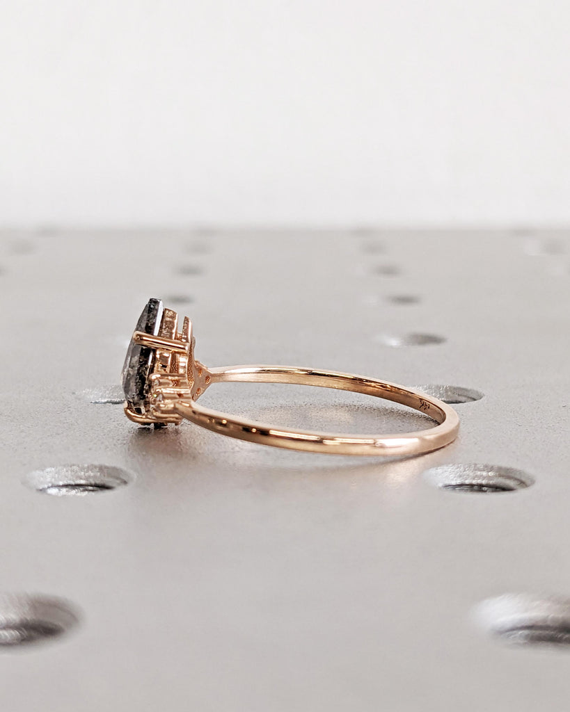 Kite Cut Salt and Pepper Diamond Ring, 14K Rose Gold Engagement Ring, Vintage Art Deco Diamond Cluster Ring, Unique Promise Ring image #5