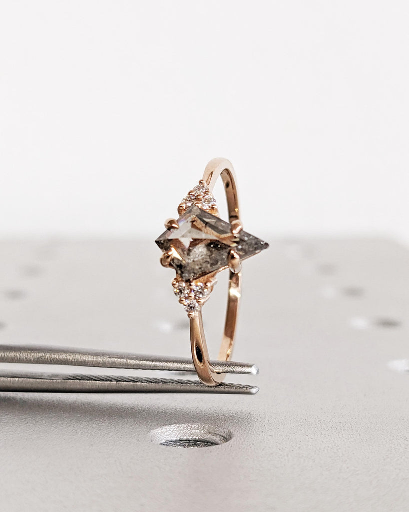 Salt and Pepper Diamond Kite Engagement Ring, 14K Rose Gold Art Deco Kite Shaped Diamond Ring, Antique Salt and Pepper Diamond Cluster Ring