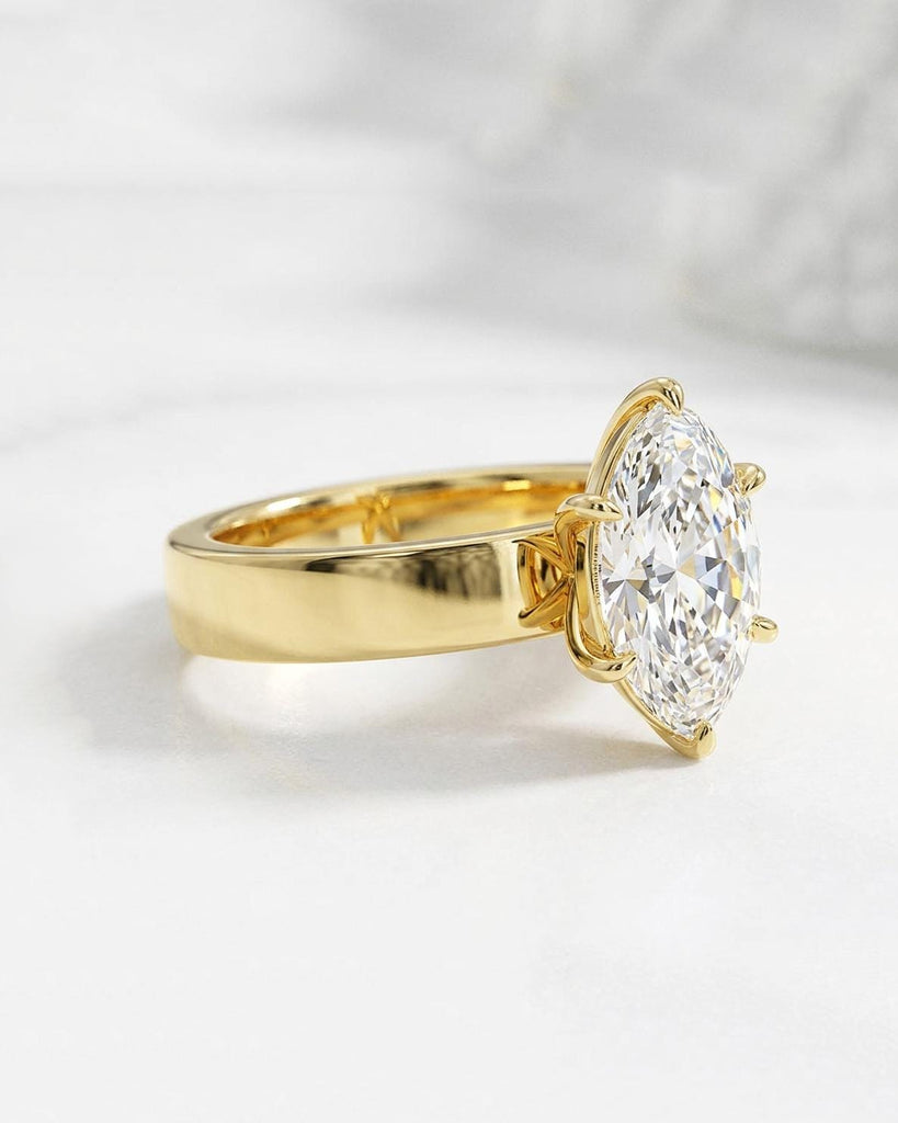 Marquise Cut Moissanite Engagement Ring | 14k Yellow Gold Solitaire Engagement Ring | 4mm Cigar Band Ring | Thick Band Ring | Gift for Women image #4