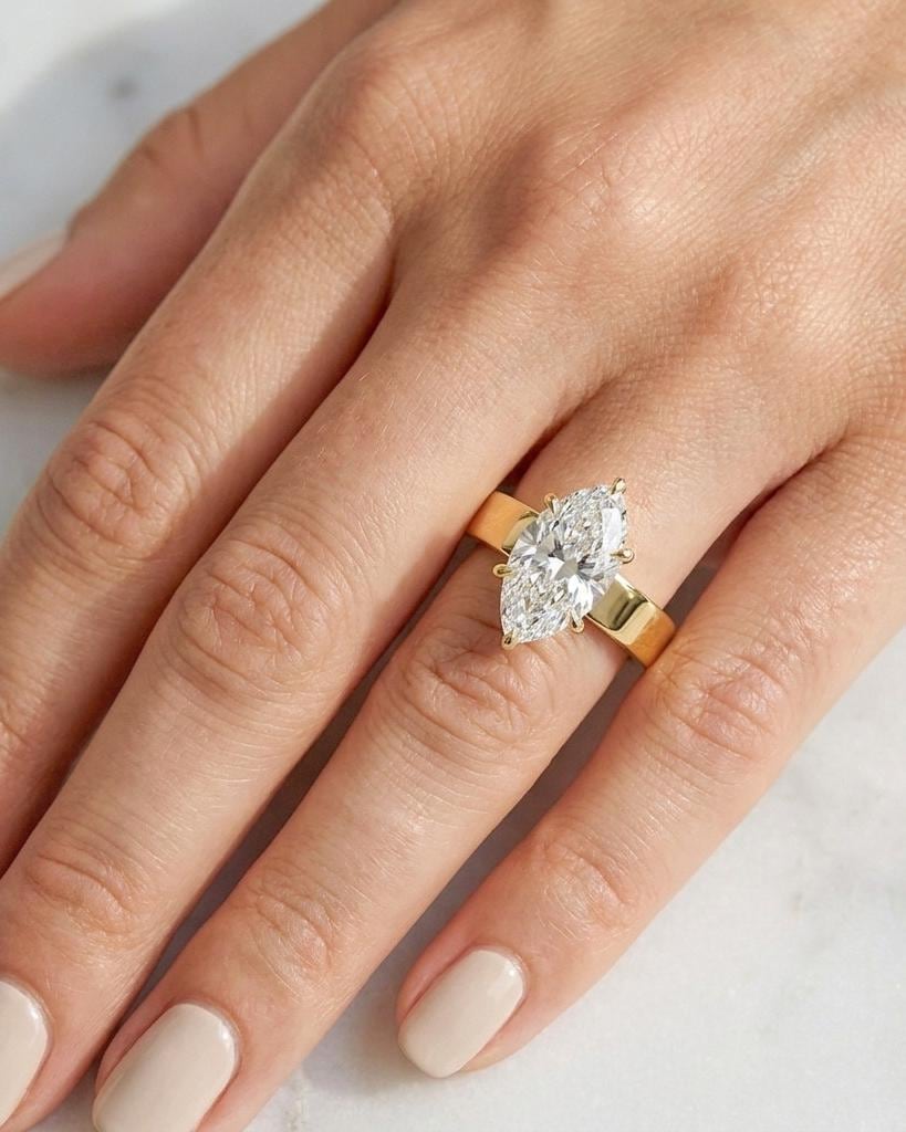 Marquise Moissanite Solitaire Engagement Ring, 14K Solid Gold Chunky Ring, 4mm Wide Ring, Statement Ring, Wedding Jewelry image #6
