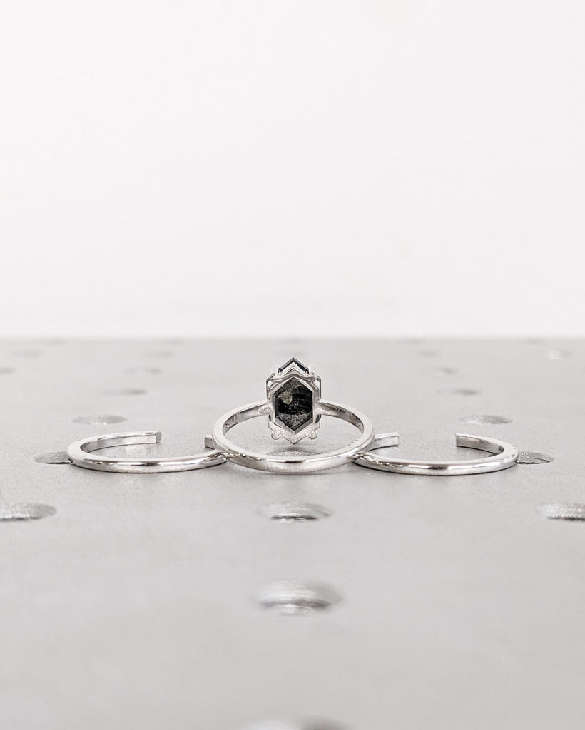 Vintage Hexagon Salt and Pepper Diamond Bridal Set | Art Deco Engagement Ring Set | Open Diamond Wedding Bands | 3 Ring Set | 14K Solid Gold image #4