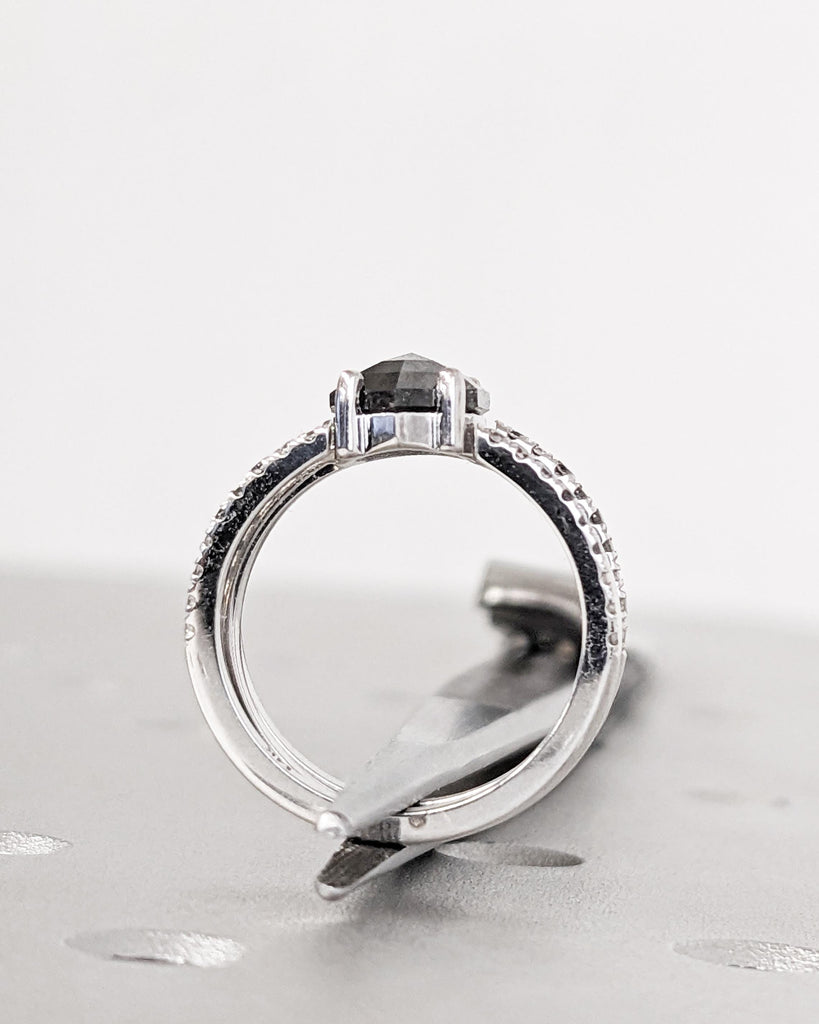 Vintage Hexagon Salt and Pepper Diamond Bridal Set | Art Deco Engagement Ring Set | Open Diamond Wedding Bands | 3 Ring Set | 14K Solid Gold image #7