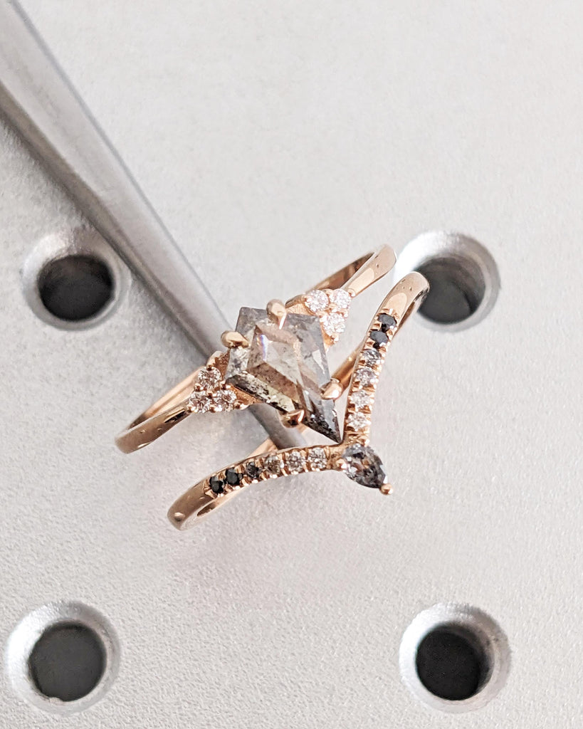 Unique Engagement Bridal Set: 14k Rose Gold, Kite cut Salt and Pepper Diamond Ring with Cluster Diamonds, Matching Diamond Wedding Band
