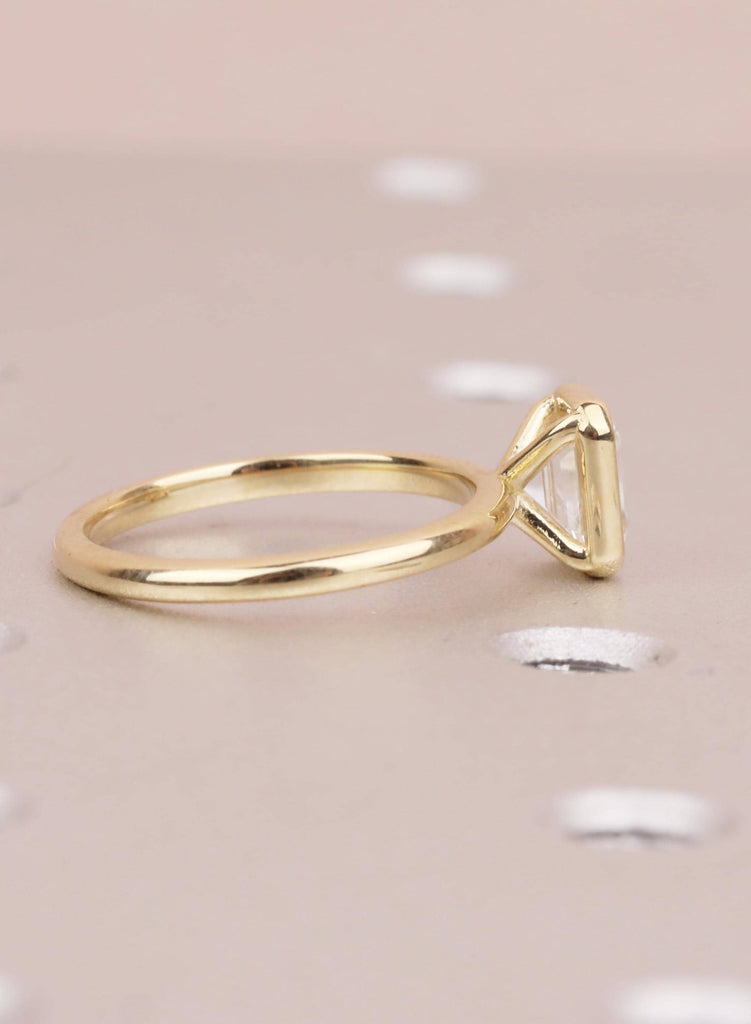 Gold Bezel Emerald Cut Moissanite Engagement Ring | Minimalist Solitaire Ring for Women | Anniversary Gift | 14K Solid Yellow Gold Ring image #3