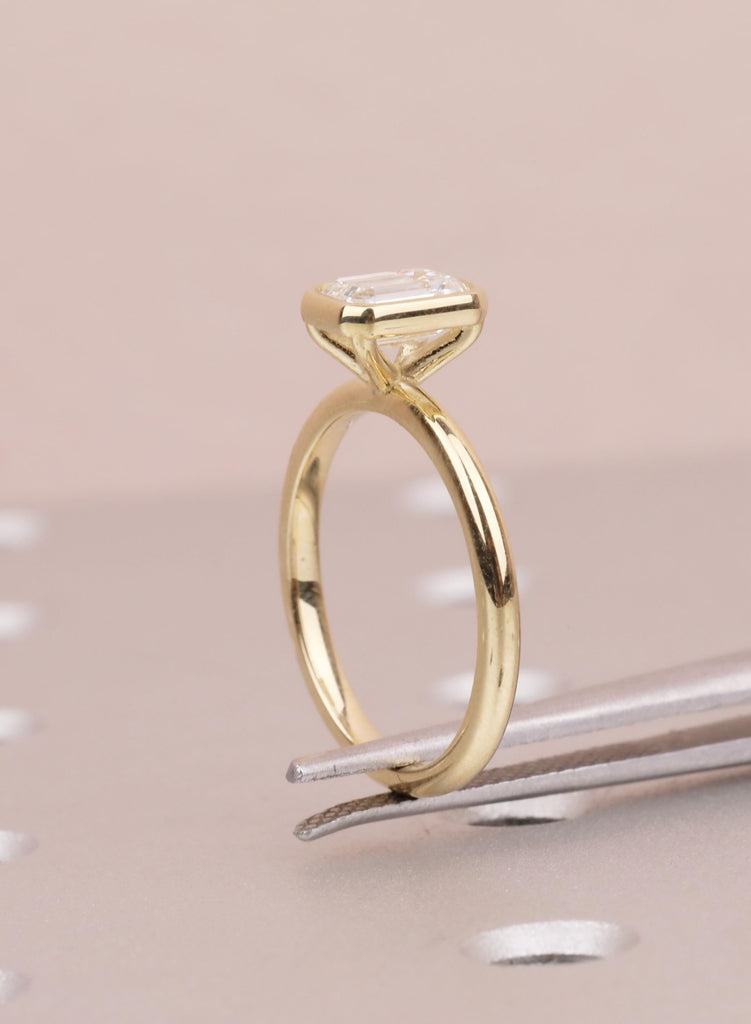 Gold Bezel Emerald Cut Moissanite Engagement Ring | Minimalist Solitaire Ring for Women | Anniversary Gift | 14K Solid Yellow Gold Ring image #9