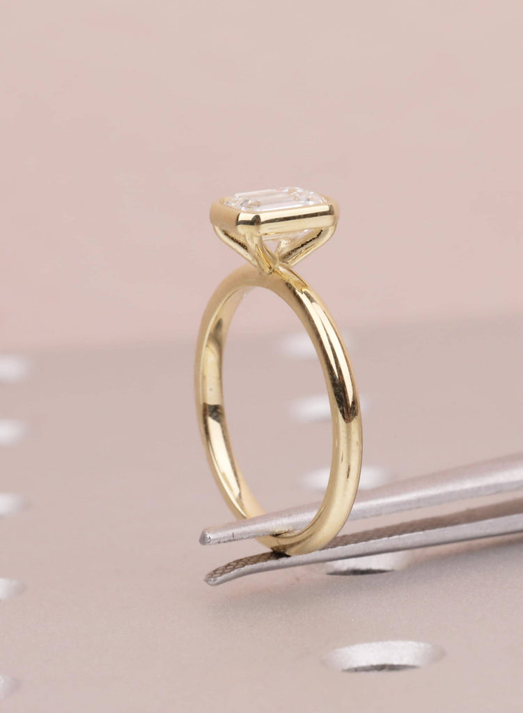 Emerald Cut Moissanite Bezel Ring, Gold Solitaire Engagement Ring, Anniversary Gift for Her image #10