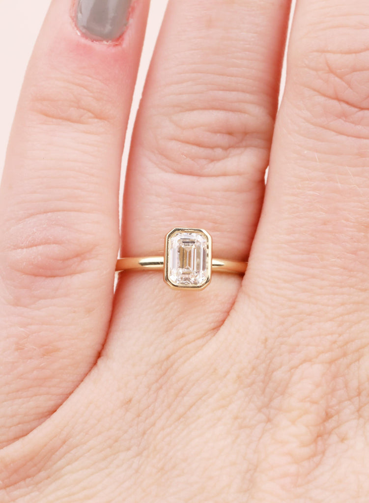 Gold Bezel Emerald Cut Moissanite Engagement Ring | Minimalist Solitaire Ring for Women | Anniversary Gift | 14K Solid Yellow Gold Ring image #12