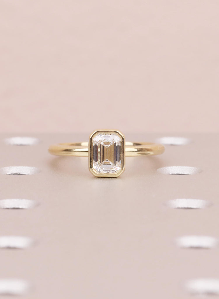 Emerald Cut Moissanite Bezel Ring, Gold Solitaire Engagement Ring, Anniversary Gift for Her image #2