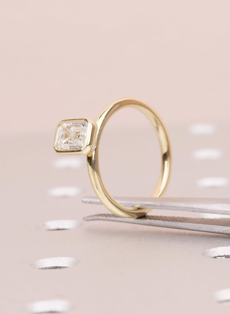Minimalist Bezel Set Emerald Cut Diamond Ring 14k Solid Gold Lab Created Diamond Engagement Ring Solitaire Delicate Bridal Anniversary Gift