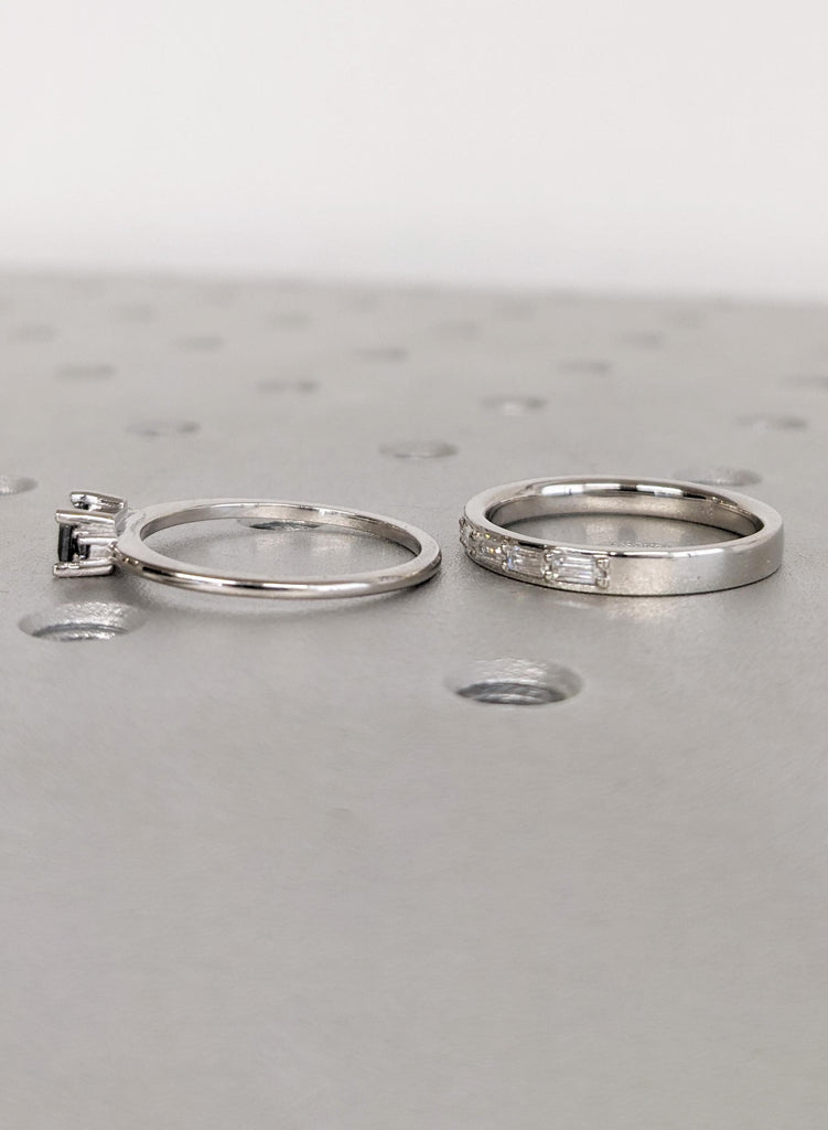 Dainty Baguette Salt and Pepper Diamond Ring Set | Simple Promise Ring | Engagement Ring Set | Stackable Moissanite Wedding Band Set for Her image #9