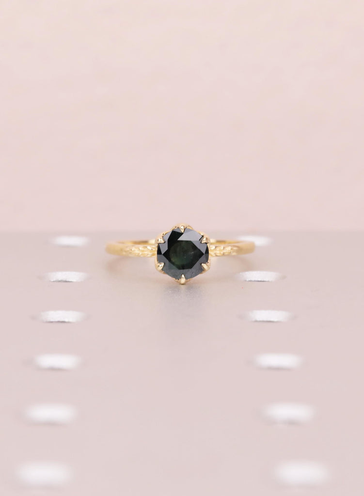 Teal Sapphire Engagement Ring in 18K Yellow Gold, Tulip Flower Basket Setting, Unique Handmade Wedding Ring, Nature Inspired Solitaire Ring image #2