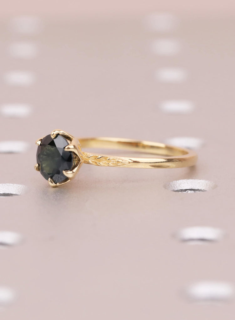 Teal Sapphire Engagement Ring in 18K Yellow Gold, Tulip Flower Basket Setting, Unique Handmade Wedding Ring, Nature Inspired Solitaire Ring image #7