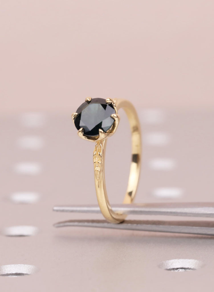 18K Yellow Gold Teal Sapphire Engagement Ring, Tulip Flower Setting, Nature Inspired Solitaire image #8
