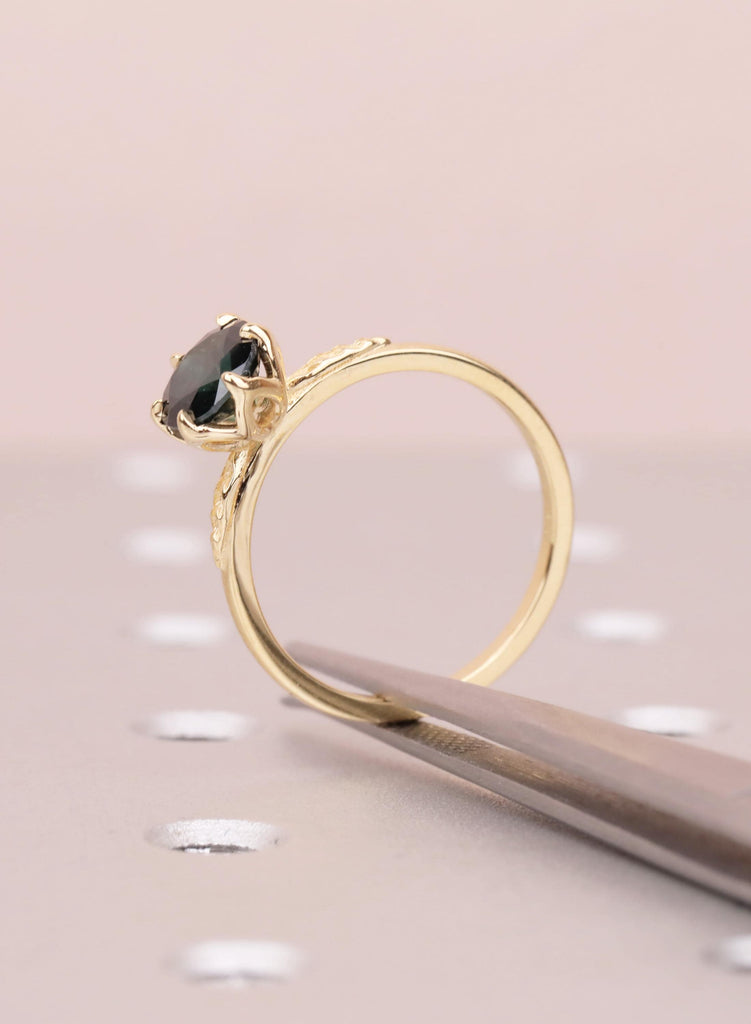 18K Yellow Gold Teal Sapphire Engagement Ring, Tulip Flower Setting, Nature Inspired Solitaire image #9