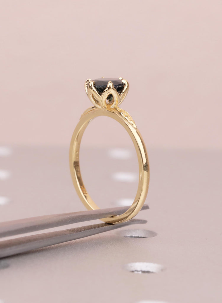 Teal Sapphire Engagement Ring in 18K Yellow Gold, Tulip Flower Basket Setting, Unique Handmade Wedding Ring, Nature Inspired Solitaire Ring image #13