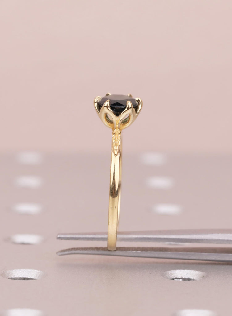 18K Yellow Gold Teal Sapphire Engagement Ring, Tulip Flower Setting, Nature Inspired Solitaire image #14