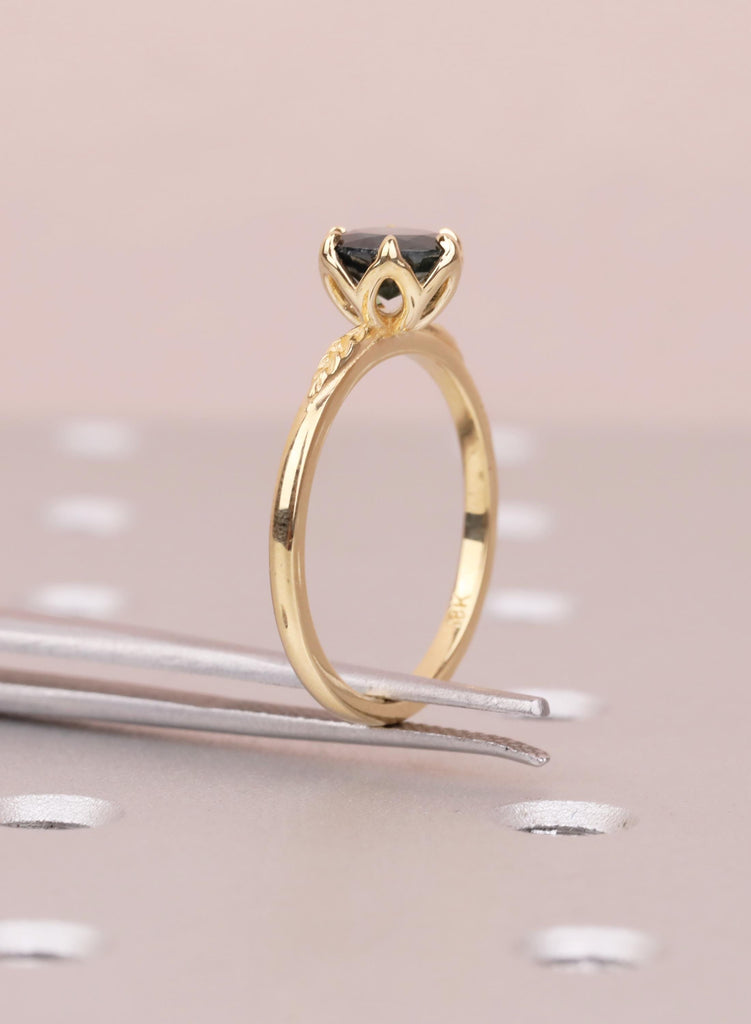 Teal Sapphire Engagement Ring in 18K Yellow Gold, Tulip Flower Basket Setting, Unique Handmade Wedding Ring, Nature Inspired Solitaire Ring image #12