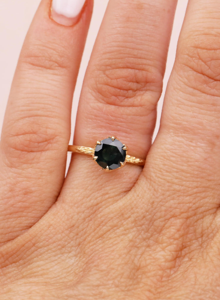 18K Yellow Gold Teal Sapphire Engagement Ring, Tulip Flower Setting, Nature Inspired Solitaire image #15