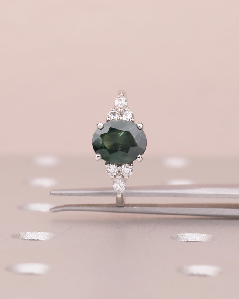 Oval Teal Sapphire Engagement Ring, Art Deco 14k Gold Wedding Rings for Women, Round, Marquise Diamond Cluster Ring, Birthstone Jewelry image #4