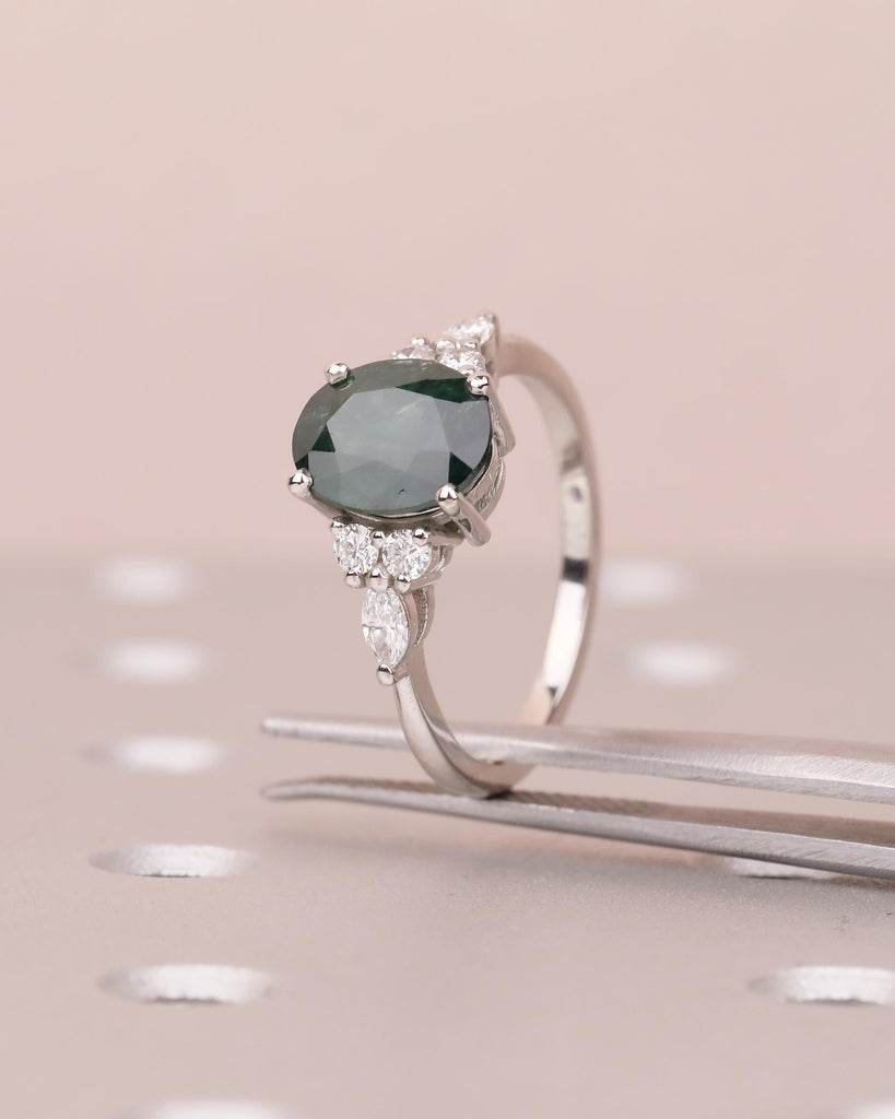 Oval Teal Sapphire Engagement Ring, Art Deco 14k Gold Wedding Rings for Women, Round, Marquise Diamond Cluster Ring, Birthstone Jewelry image #6
