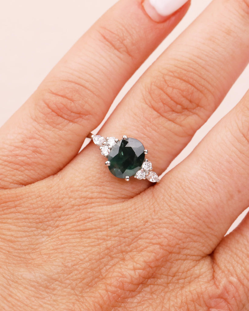 Oval Teal Sapphire Engagement Ring, Art Deco 14k Gold Wedding Rings for Women, Round, Marquise Diamond Cluster Ring, Birthstone Jewelry image #11