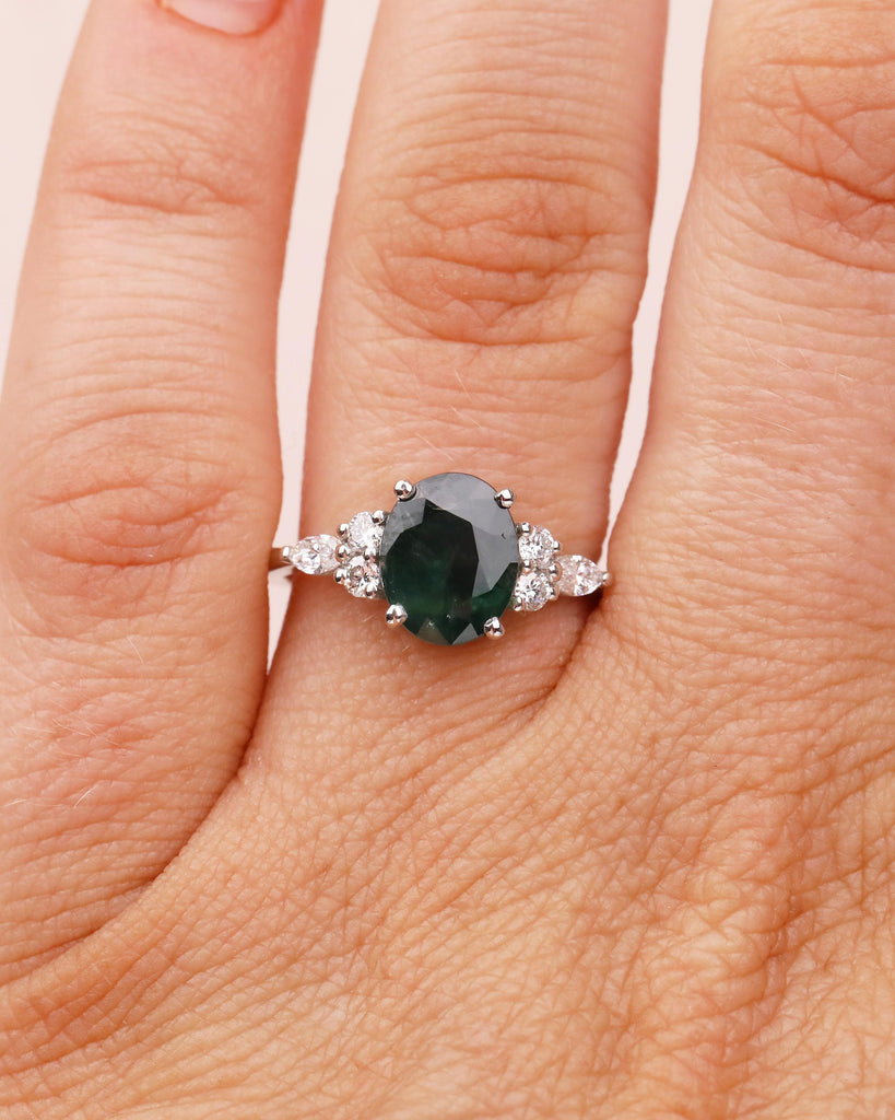 Oval Teal Sapphire Engagement Ring, Art Deco 14k Gold Wedding Rings for Women, Round, Marquise Diamond Cluster Ring, Birthstone Jewelry image #2