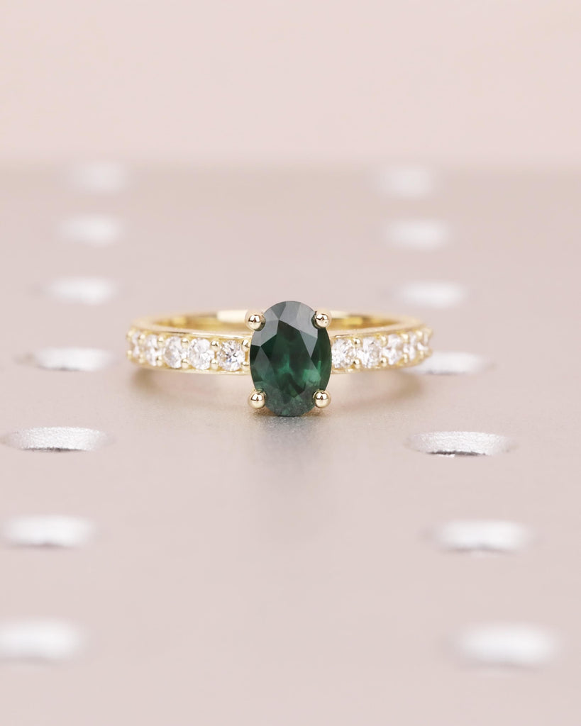 Green Teal Sapphire Ring, 14K Solid Gold Oval Engagement Ring, Vintage Filigree Peacock Sapphire Promise Ring, Art Deco Diamond Cluster Ring image #3