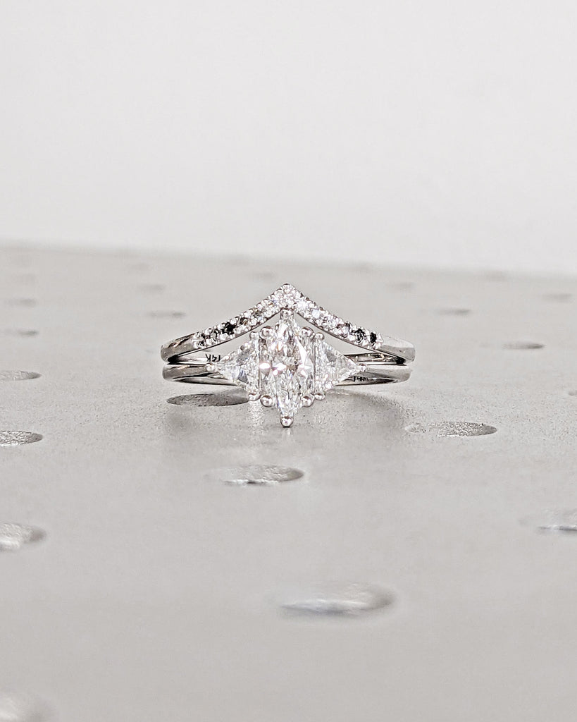 Unique Marquise and Trillion Moissanite Bridal Ring Set, 14K Gold Marquise Cut Moissanite Engagement Ring, Ombre Diamond Curved Wedding Band image #3