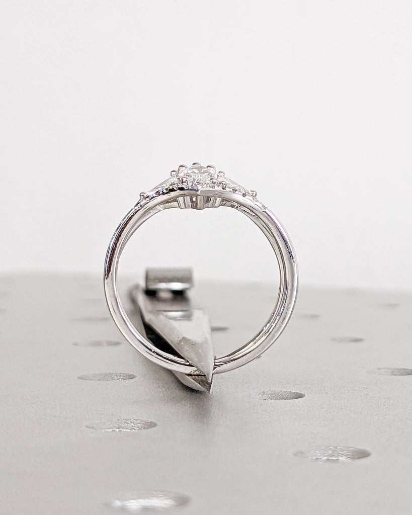 Unique Marquise and Trillion Moissanite Bridal Ring Set, 14K Gold Marquise Cut Moissanite Engagement Ring, Ombre Diamond Curved Wedding Band image #9