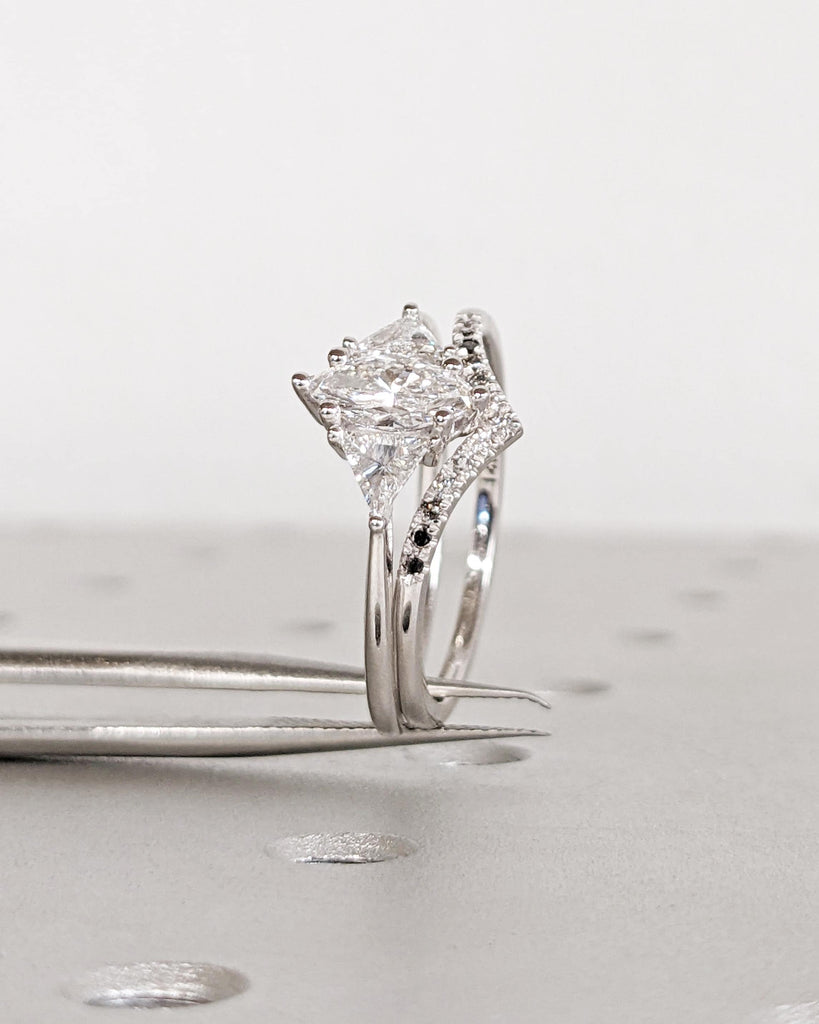 Unique Marquise and Trillion Moissanite Bridal Ring Set, 14K Gold Marquise Cut Moissanite Engagement Ring, Ombre Diamond Curved Wedding Band image #8
