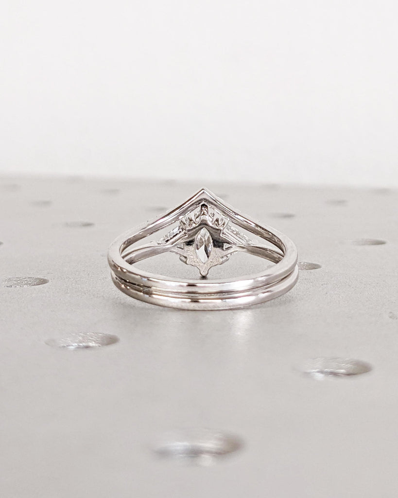 Unique Marquise Lab Grown Diamond Bridal Set, 14K Gold Engagement Ring Set, Side Trillions, Ombre Diamond Wedding Band, Anniversary Rings image #7