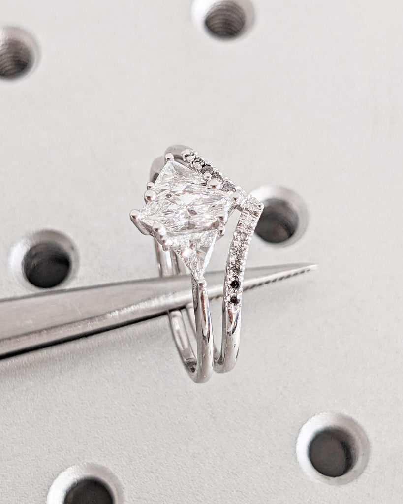 14K Gold Art Deco Bridal Set: Marquise Lab Diamond Engagement Ring, Trillion Side Stones, Ombre Diamond Chevron Band, Vintage Wedding Rings image #8