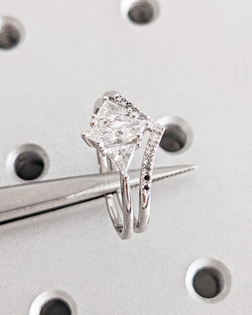 Unique Marquise Lab Grown Diamond Bridal Set, 14K Gold Engagement Ring Set, Side Trillions, Ombre Diamond Wedding Band, Anniversary Rings image #3