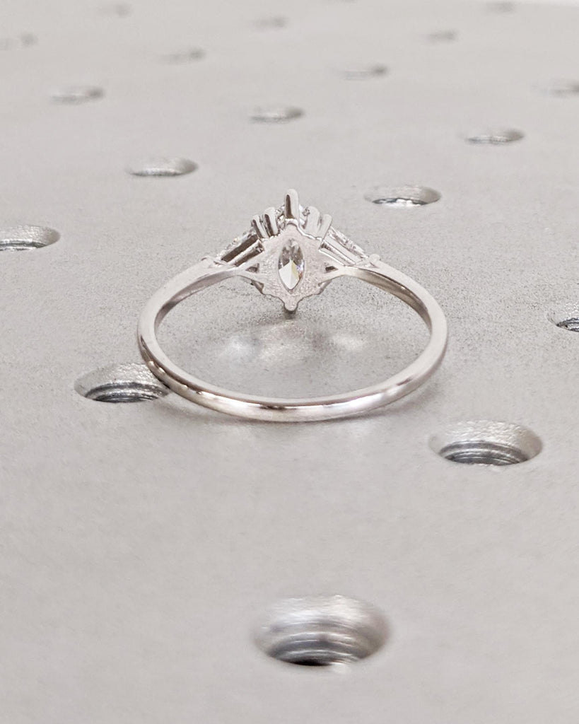Marquise Moissanite Engagement Ring - 14K White Gold Art Deco Engagement Ring - Three Stone Ring - Dainty Bridal Ring - Trillion Side Stones image #8