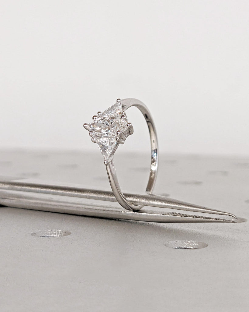Marquise & Trillion Cut Engagement Ring in 14k White Gold, Three Stone Moissanite Engagement Ring, Promise Ring for Her image #6