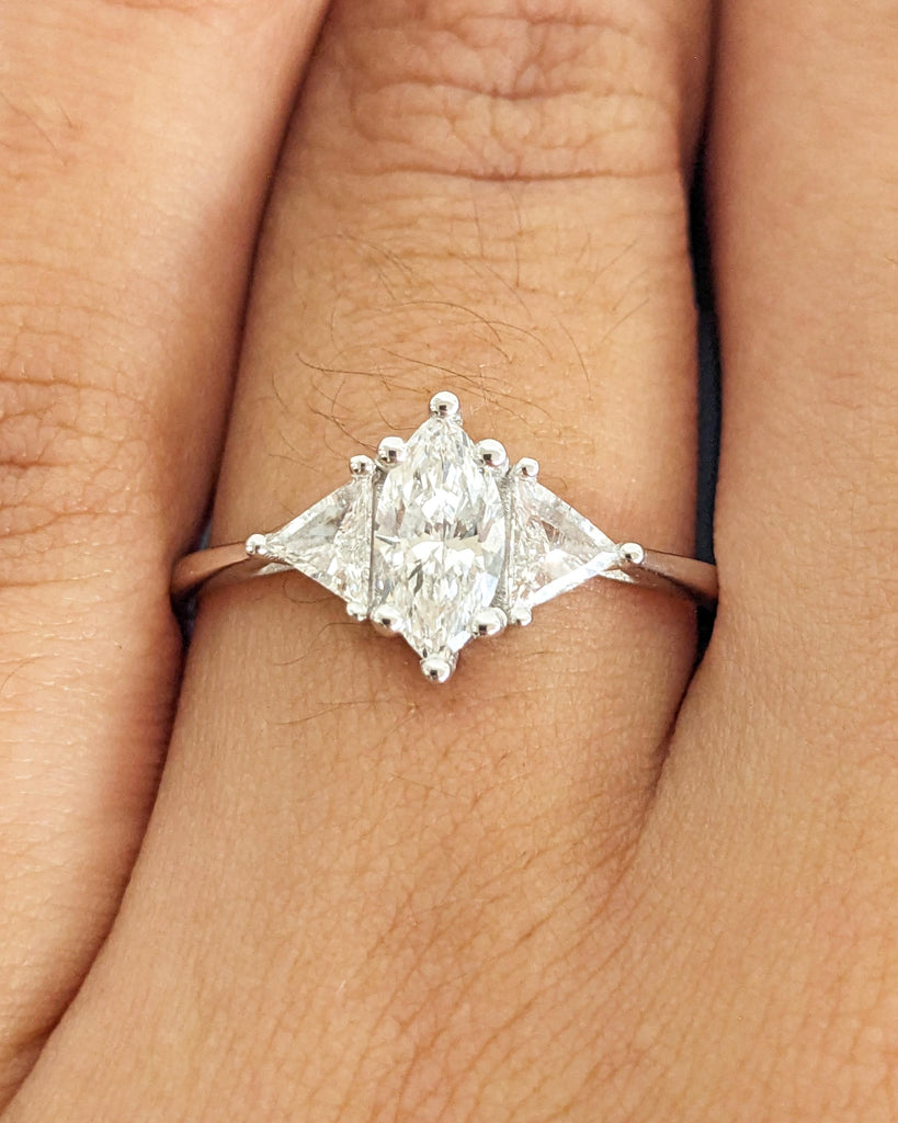 Marquise Moissanite Engagement Ring - 14K White Gold Art Deco Engagement Ring - Three Stone Ring - Dainty Bridal Ring - Trillion Side Stones image #10