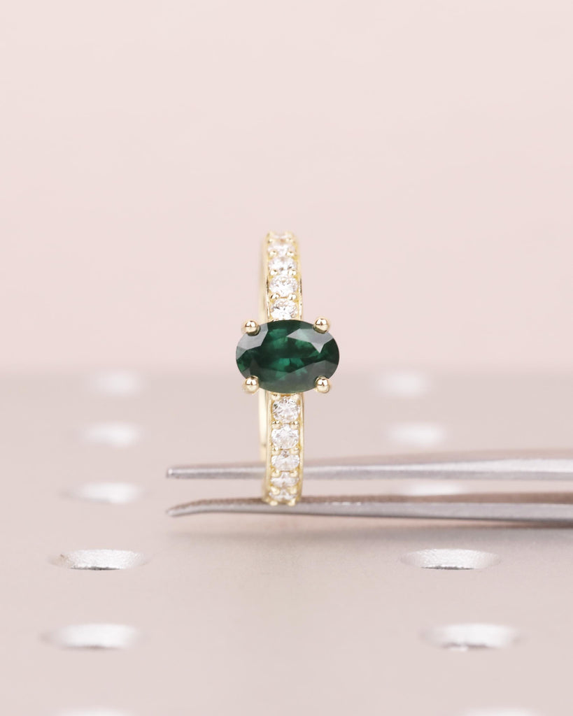 14K Gold Teal Sapphire and Diamond Ring, Vintage Engagement Ring, Oval Cut Peacock Blue Green Sapphire, September Birthstone image #8