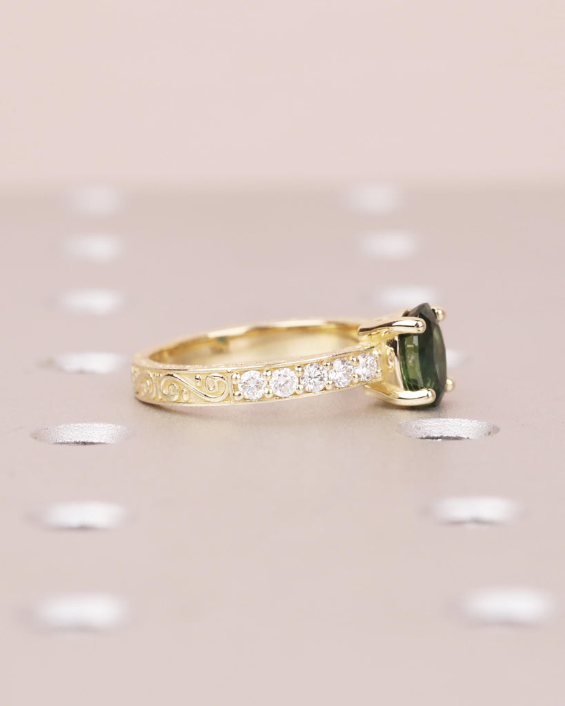 14K Gold Teal Sapphire and Diamond Ring, Vintage Engagement Ring, Oval Cut Peacock Blue Green Sapphire, September Birthstone image #4