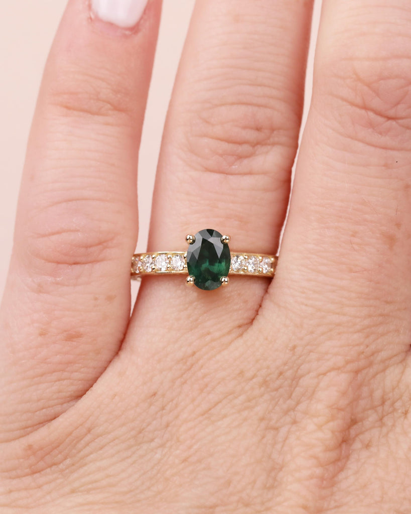 14K Gold Teal Sapphire and Diamond Ring, Vintage Engagement Ring, Oval Cut Peacock Blue Green Sapphire, September Birthstone image #10