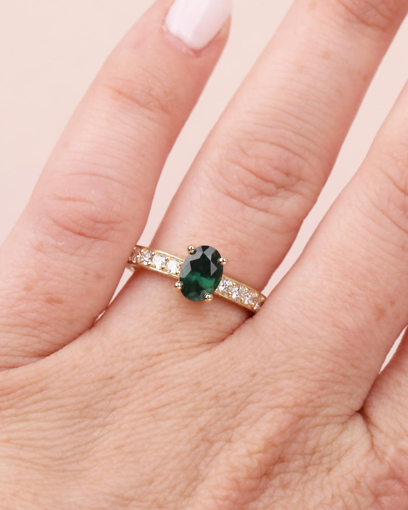 14K Gold Teal Sapphire and Diamond Ring, Vintage Engagement Ring, Oval Cut Peacock Blue Green Sapphire, September Birthstone image #2