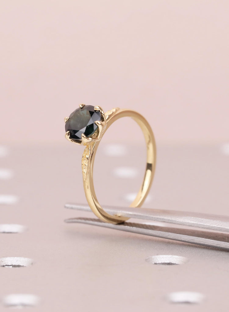 18K Yellow Gold Teal Sapphire Engagement Ring, Tulip Flower Setting, Nature Inspired Solitaire image #3