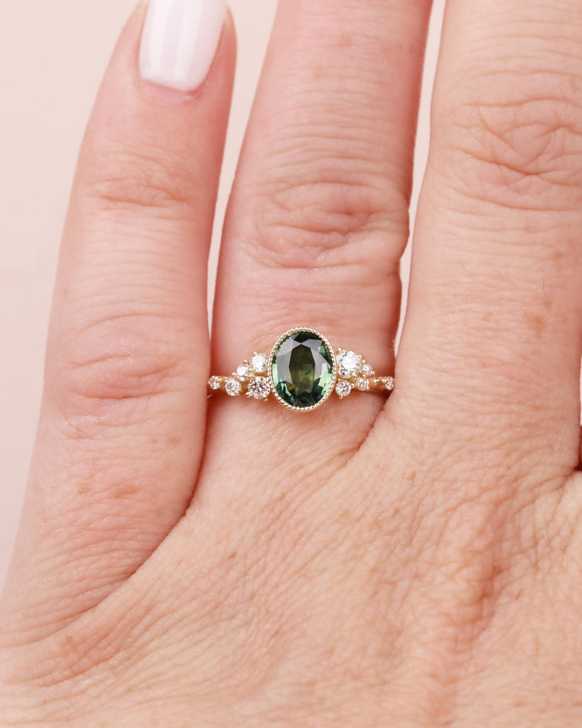 Peacock Sapphire Engagement Ring, 14k Yellow Gold, Oval Teal Sapphire, Bezel Setting, Art Deco Milgrain, Dainty Snowdrift Cluster Ring image #2