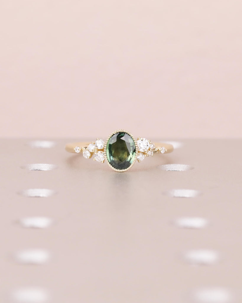 Peacock Sapphire Engagement Ring, 14k Yellow Gold, Oval Teal Sapphire, Bezel Setting, Art Deco Milgrain, Dainty Snowdrift Cluster Ring image #3