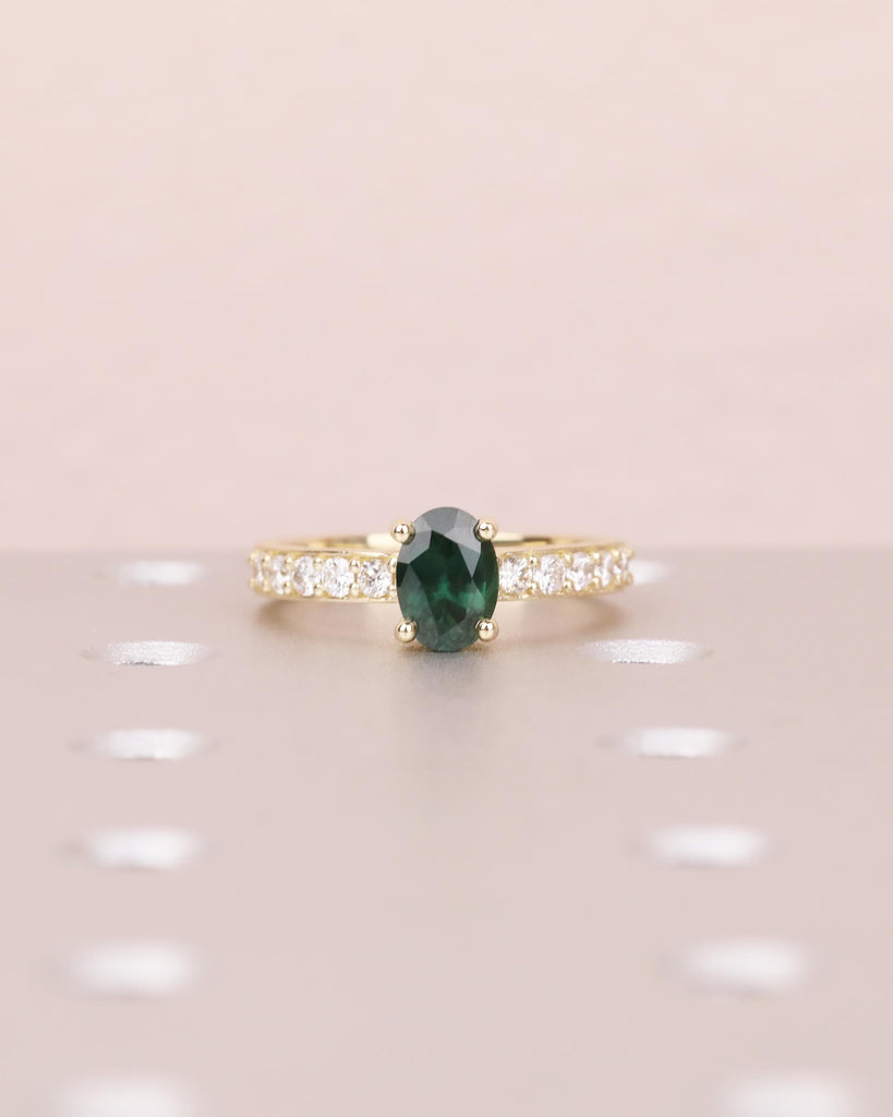 Green Teal Sapphire Ring, 14K Solid Gold Oval Engagement Ring, Vintage Filigree Peacock Sapphire Promise Ring, Art Deco Diamond Cluster Ring