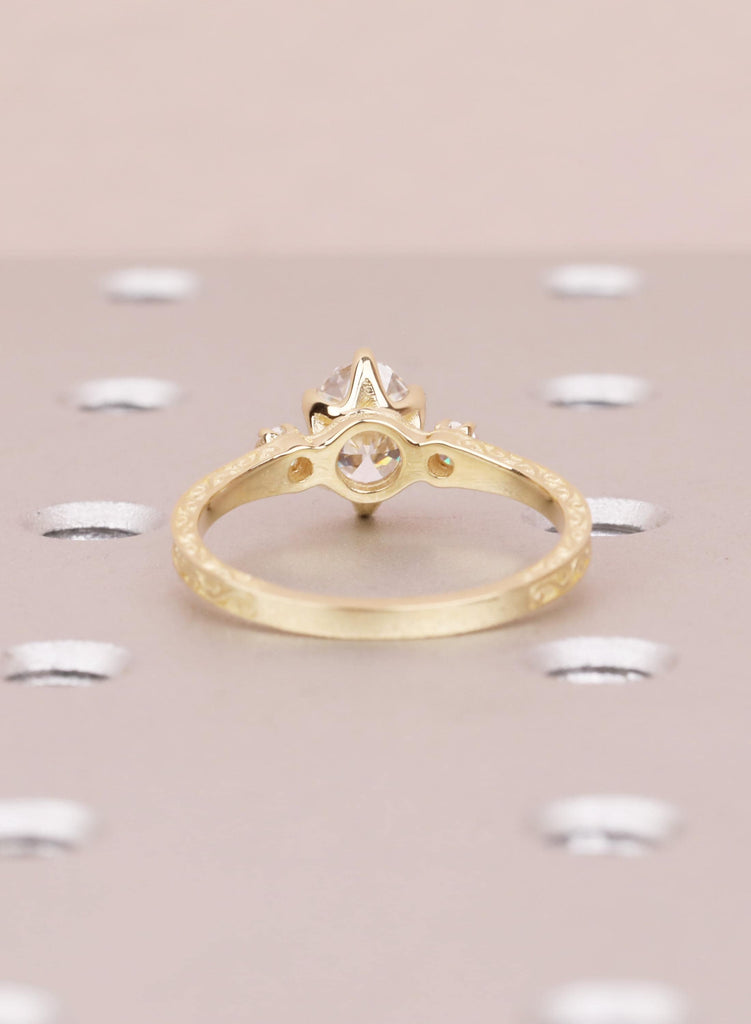 Oval Lab Diamond Engagement Ring in 14K Gold, Ethical 3 Stone Engraved Filigree Ring, Handmade Bridal Jewelry, Conflict Free Diamond Ring image #6