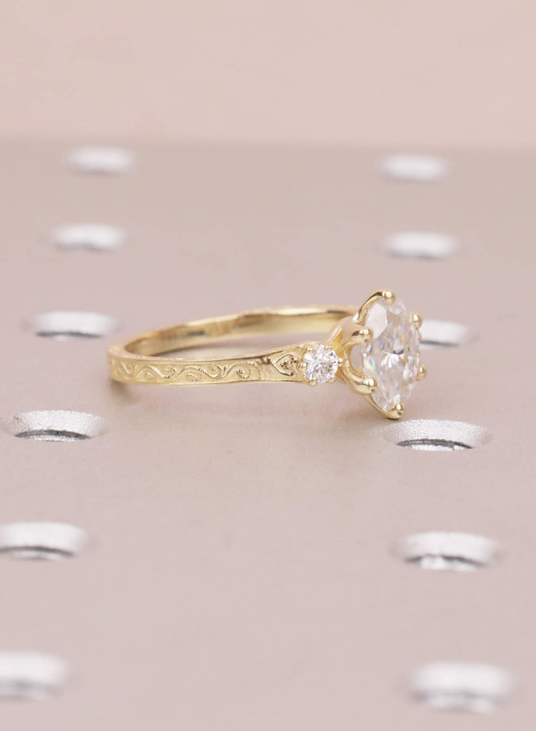 Oval Lab Diamond Engagement Ring in 14K Gold, Ethical 3 Stone Engraved Filigree Ring, Handmade Bridal Jewelry, Conflict Free Diamond Ring image #4