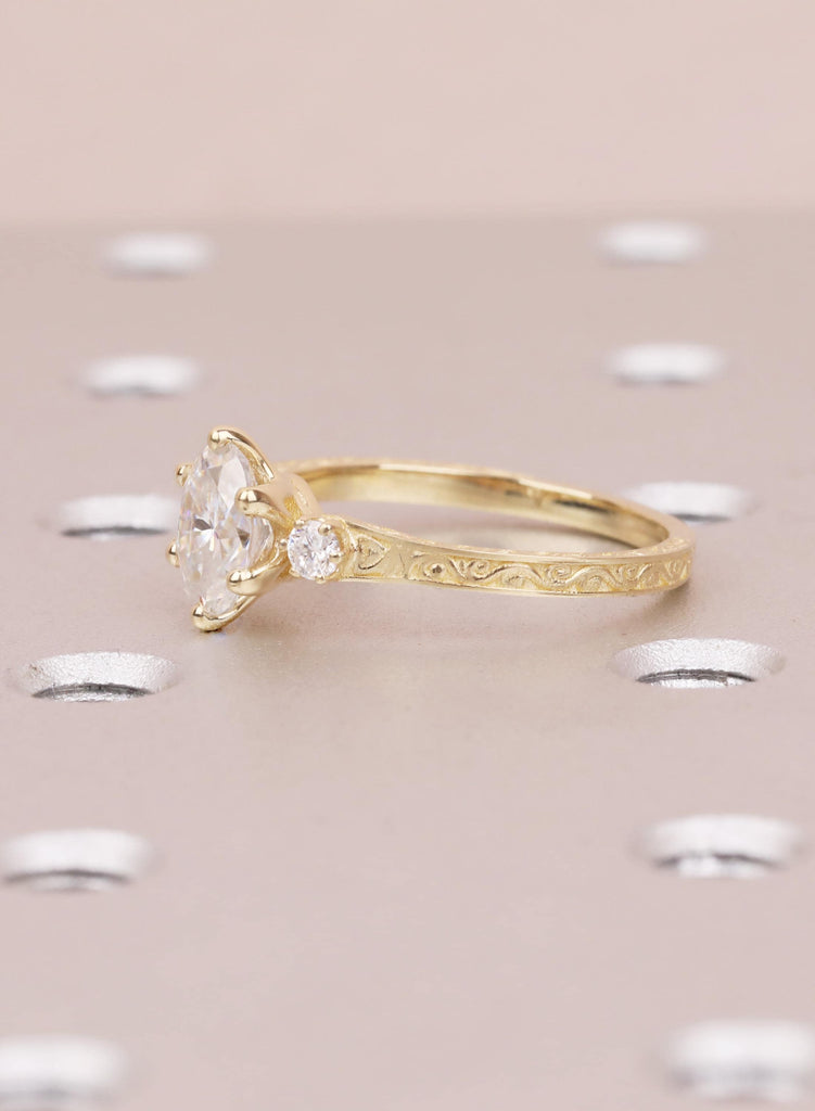Oval Lab Diamond Engagement Ring in 14K Gold, Ethical 3 Stone Engraved Filigree Ring, Handmade Bridal Jewelry, Conflict Free Diamond Ring image #8
