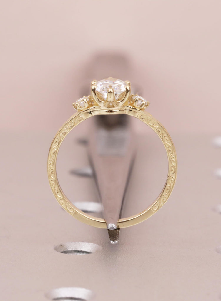 Oval Lab Diamond Engagement Ring in 14K Gold, Ethical 3 Stone Engraved Filigree Ring, Handmade Bridal Jewelry, Conflict Free Diamond Ring image #10