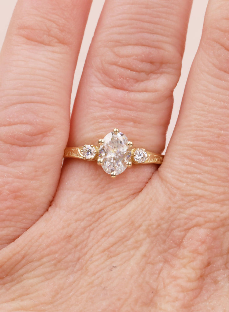 Oval Lab Diamond Engagement Ring in 14K Gold, Ethical 3 Stone Engraved Filigree Ring, Handmade Bridal Jewelry, Conflict Free Diamond Ring image #15