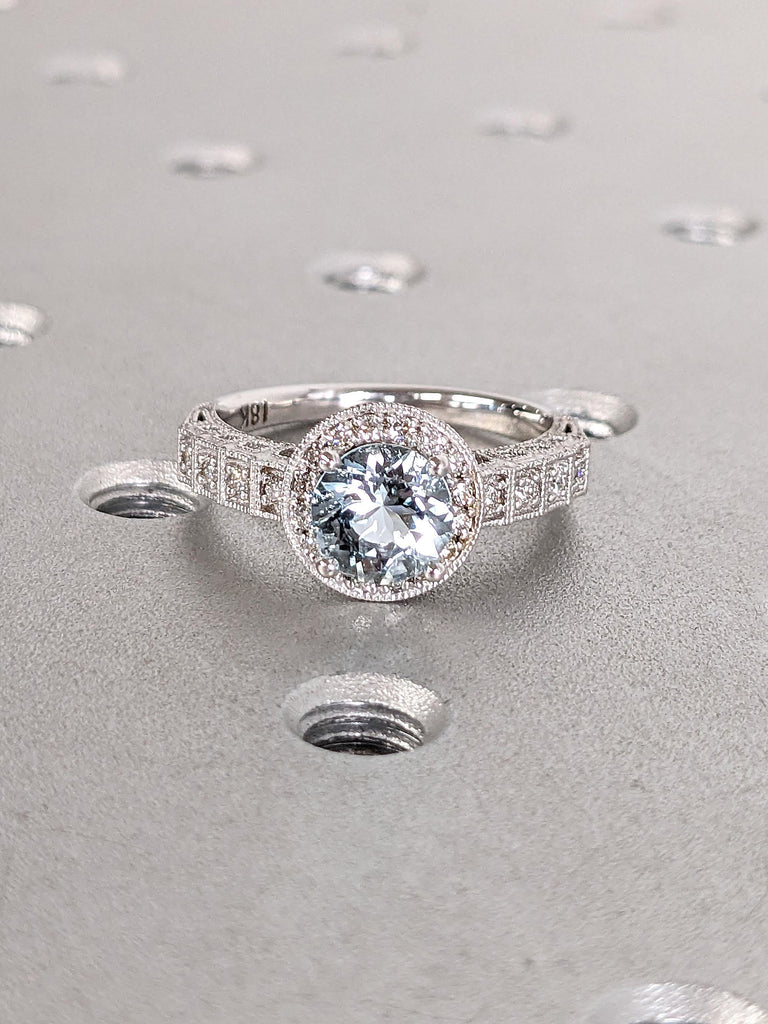 Edwardian Aquamarine Engagement Rings for Women | Gold or Platinum Diamond Halo Art Deco Wedding Ring Anniversary Gift image #4